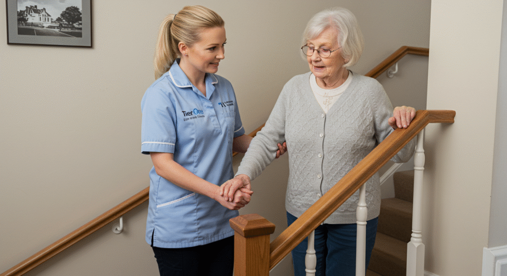Caregiver supporting elderly woman while navigating stairs with handrail, demonstrating safe mobility assistance