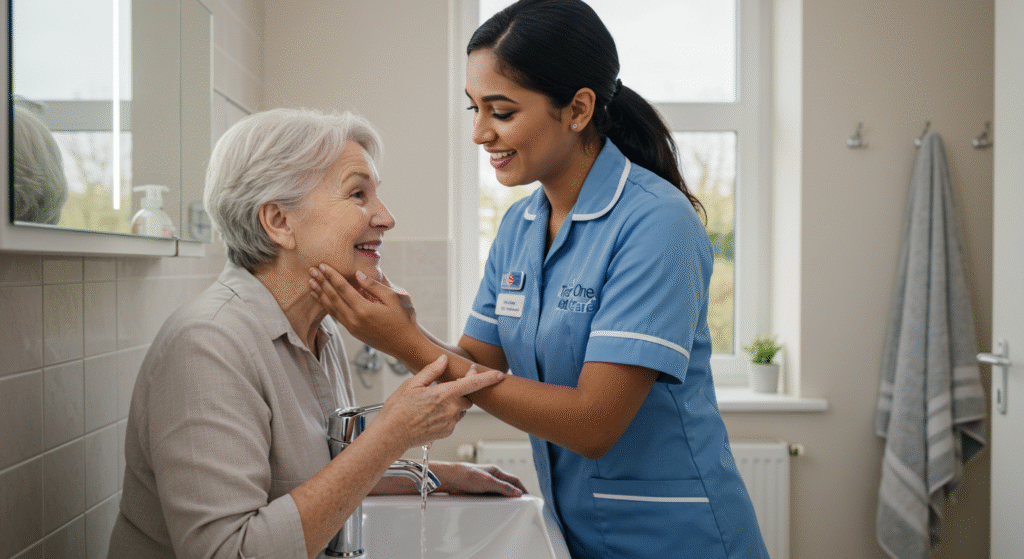 South Asian female carer in a blue uniform with “Tier One Care” clearly written, gently helping an elderly woman wash her face at a bathroom sink, both smiling and sharing a moment of personal care and dignity.
