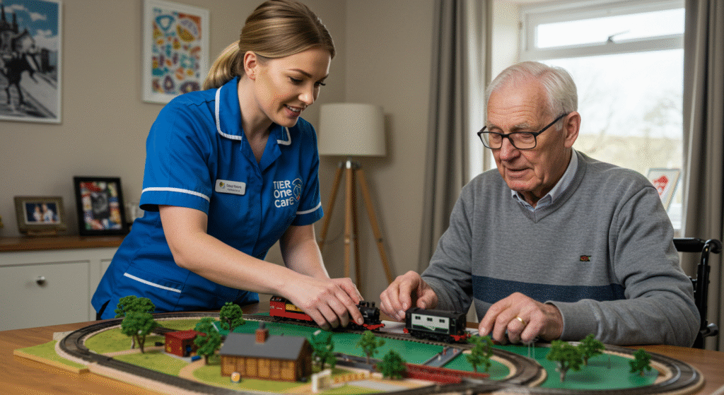 Tier One Care carer in blue uniform engaging with an elderly man as they set up a model train set together, promoting meaningful activities and companionship.