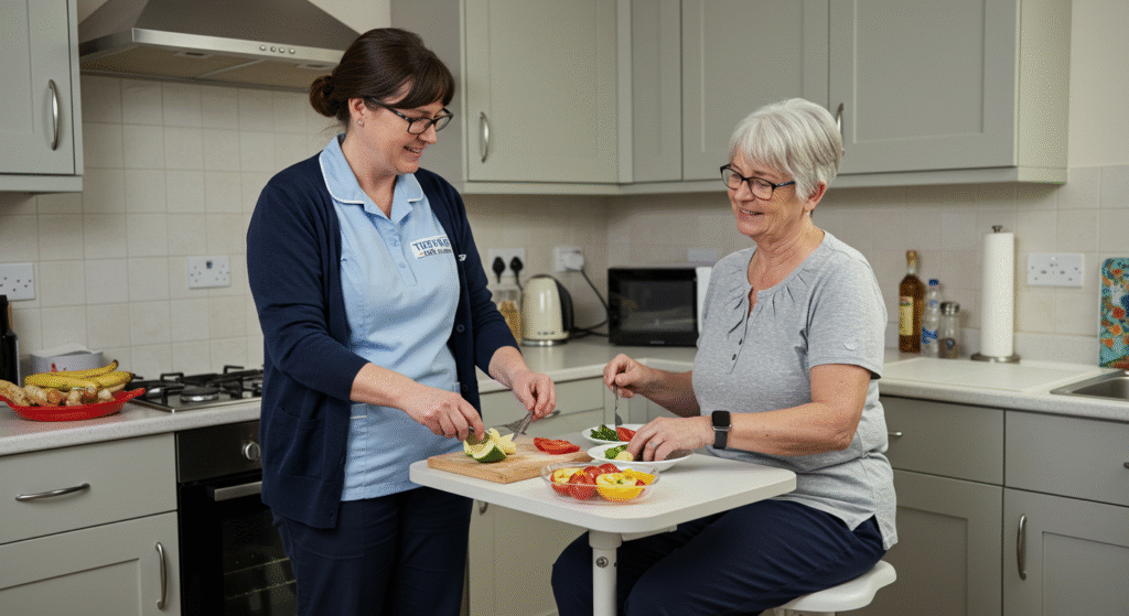 A Tier One Care caregiver in a navy cardigan helps an elderly woman prepare fresh vegetables on a cutting board in a modern kitchen with light gray cabinets and fresh fruit nearby