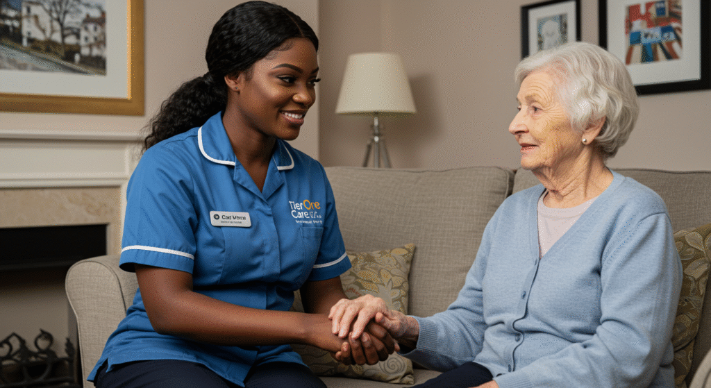 TierOne Care professional delivering personalized nursing care to elderly client in familiar home environment