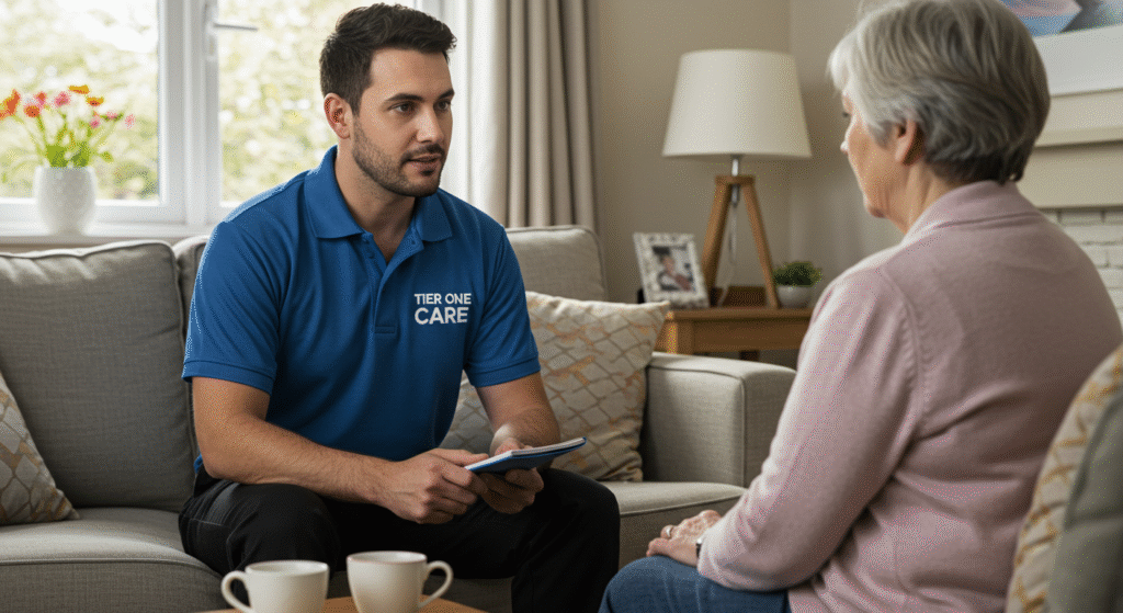 A Tier One Care representative conducting a care assessment with an elderly woman in a comfortable living room with natural lighting, two coffee mugs on the table between them