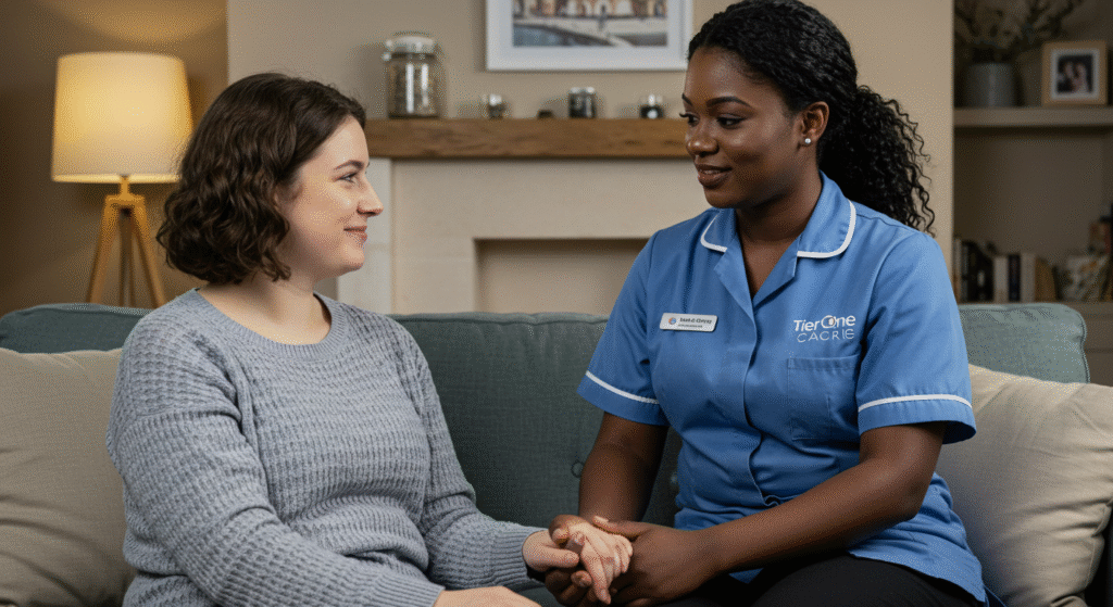 TierOne Care nurse providing compassionate support to client in comfortable home living room setting"