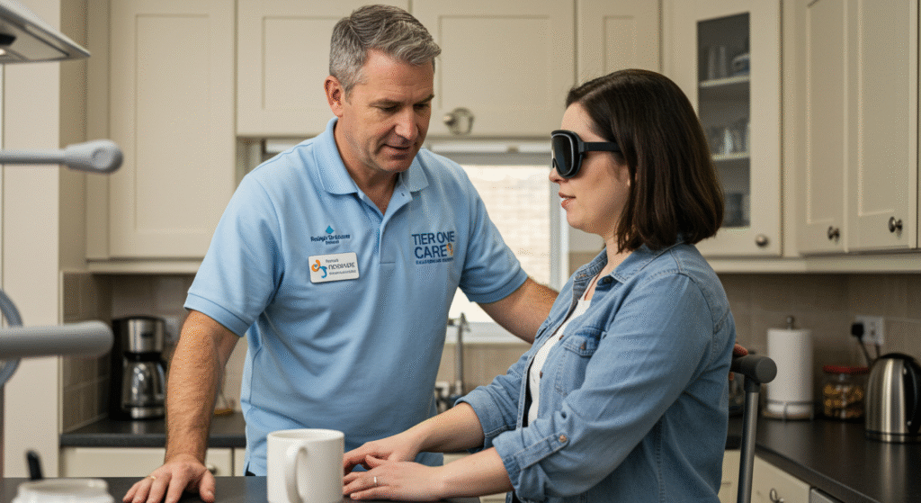 A Tier One Care professional providing attentive assistance to a young woman wearing protective eyewear in a modern kitchen, with a coffee mug visible on the counter