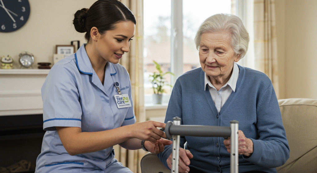 Caregiver from Tier One Care assisting elderly woman with mobility walker in a bright home environment