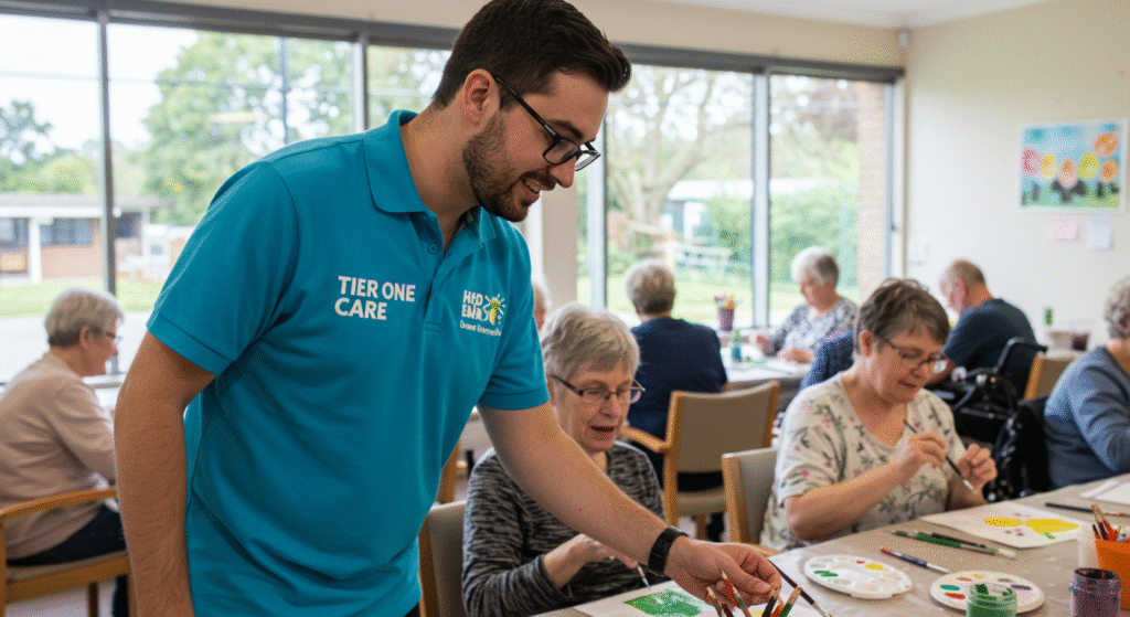 A Tier One Care staff member in teal assisting an elderly woman with an art project in a bright community room with large windows and other seniors participating in the background