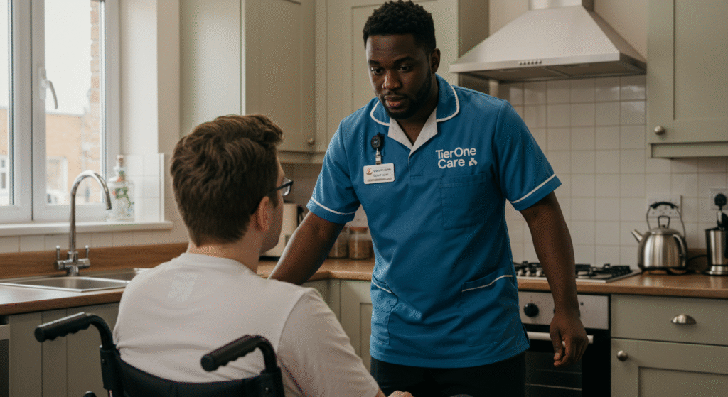 TierOne Care nurse providing personalized home care support to a client in wheelchair in their kitchen environment