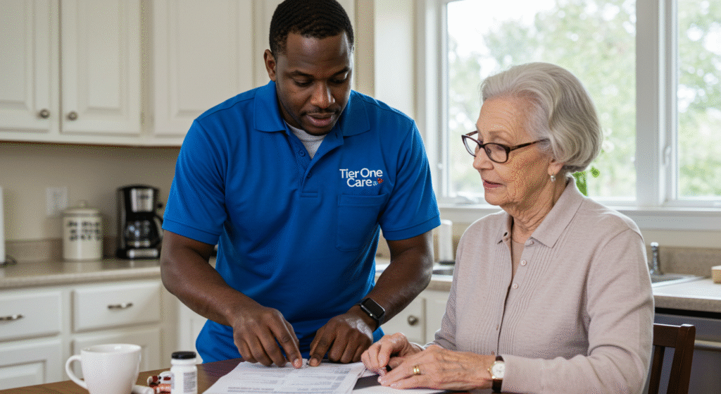 A Tier One Care professional in a blue polo shirt assisting an elderly woman with paperwork at her kitchen table. A coffee mug and medication containers are visible on the counter, highlighting the medication management services offered through hourly care.