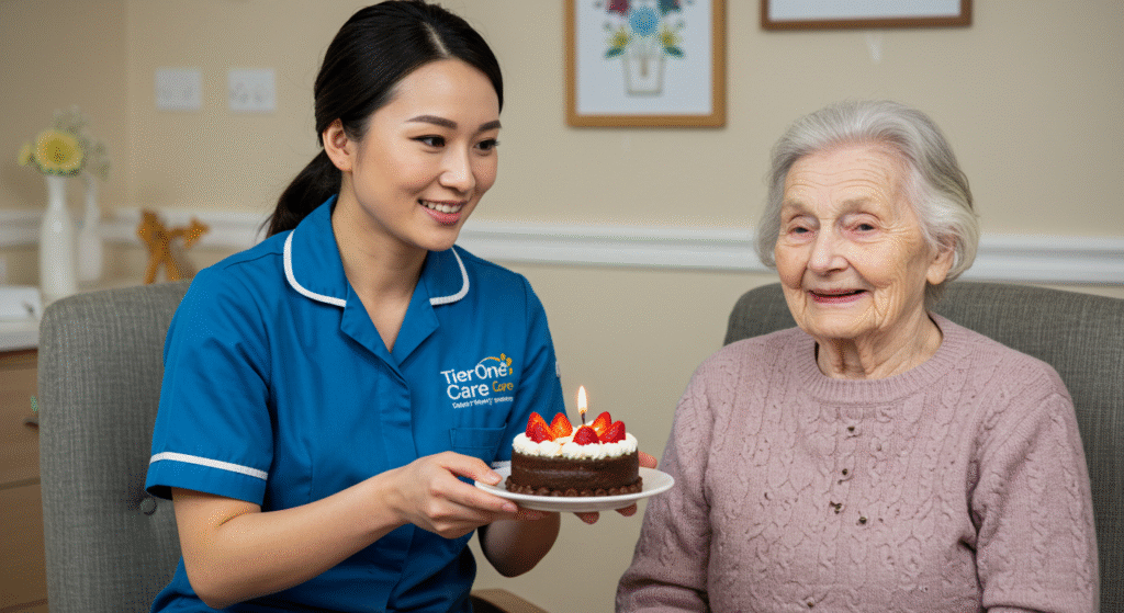 Tier One Care caregiver celebrating an elderly client’s birthday with a cake, providing companionship and emotional support at home.