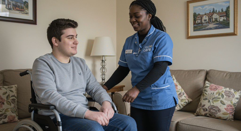 Caregiver supporting a young man in a wheelchair in a comfortable living room, offering companionship and daily assistance.