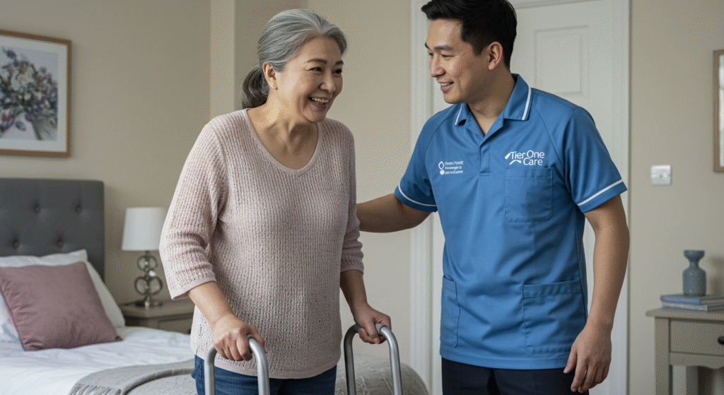 Caregiver assisting an elderly woman with a walker in a bedroom, providing mobility support for arthritis care.