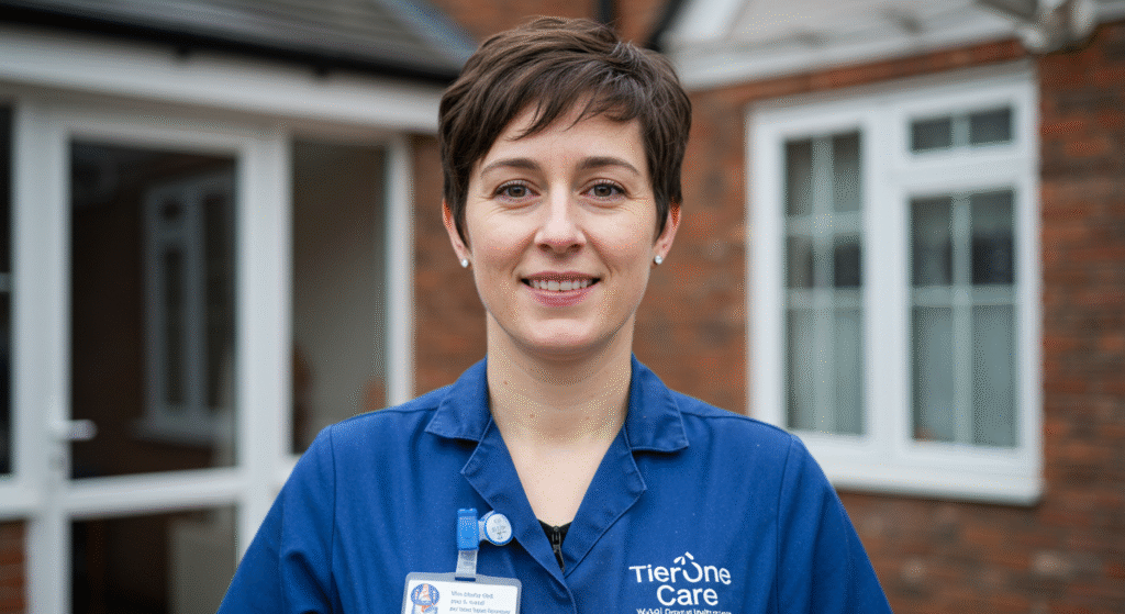 "Friendly Tier One Care professional ready to provide specialized dementia care services at client's home across the UK