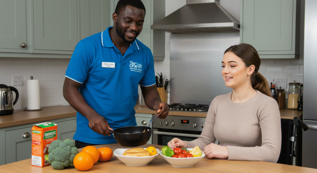 Caregiver preparing a healthy meal for a woman in a wheelchair at home, with fresh fruits and vegetables on the kitchen table.