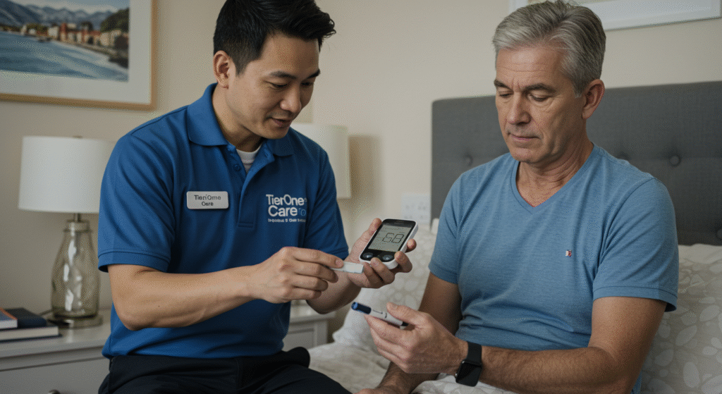 Caregiver assisting a man with blood glucose monitoring using a glucometer in a bedroom setting.