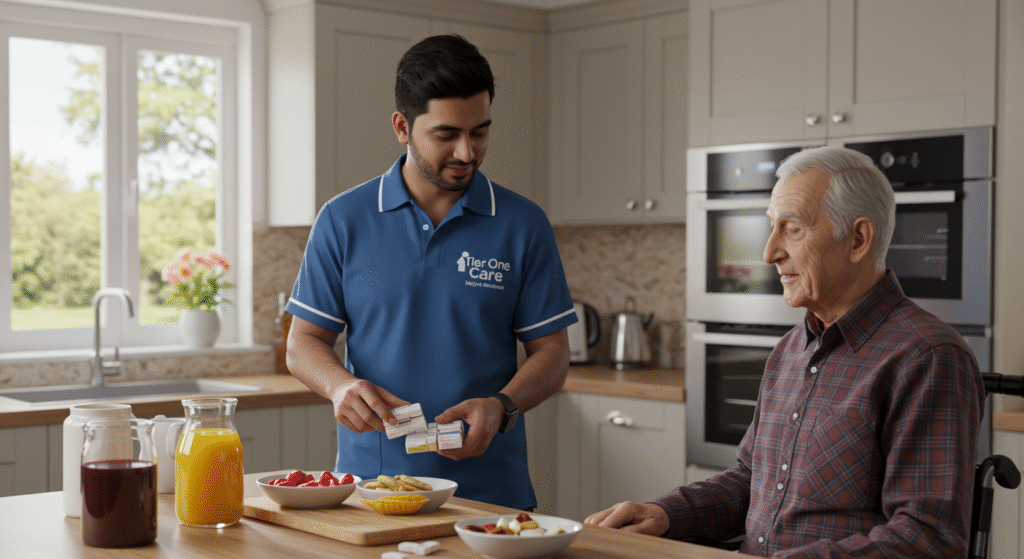 Pak Asian male carer in a blue polo shirt with “Tier One Care” clearly written, preparing medication and a healthy breakfast for an elderly man in a bright modern kitchen, demonstrating holistic daily care and support.