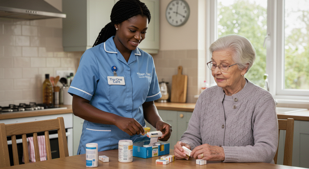 Tier One Care professional in blue uniform helping an elderly woman organize and manage her medication at the kitchen table, demonstrating attentive health support.
