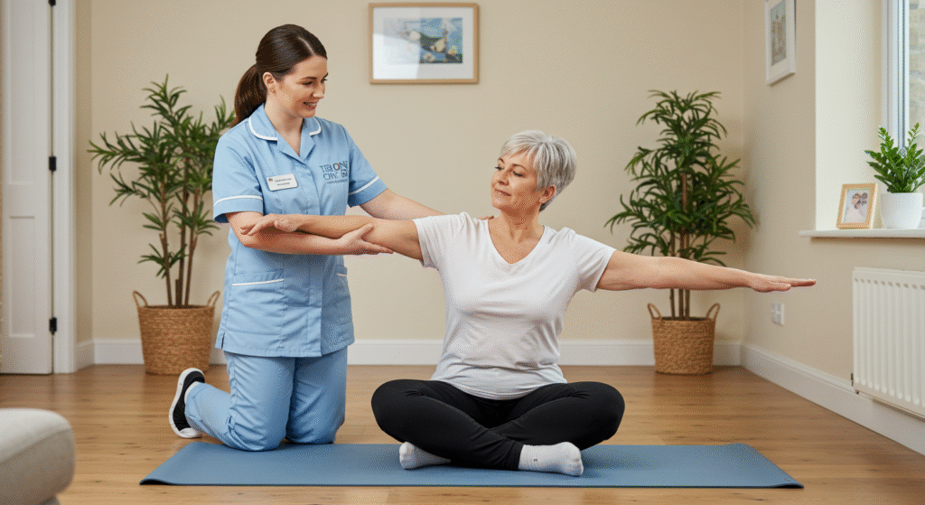 A Tier One Care professional in light blue uniform gently assists an elderly woman with a yoga pose on a blue exercise mat in a bright room with indoor plants and framed artwork