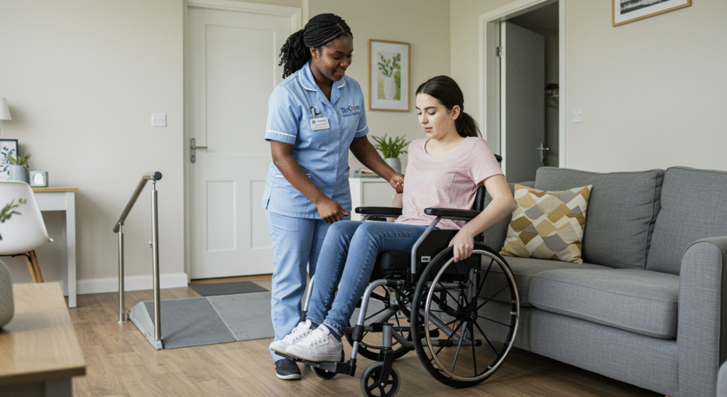 A Tier One Care professional in a light blue uniform assisting a young woman in a wheelchair in a modern living room with accessible features including a ramp and supportive furniture