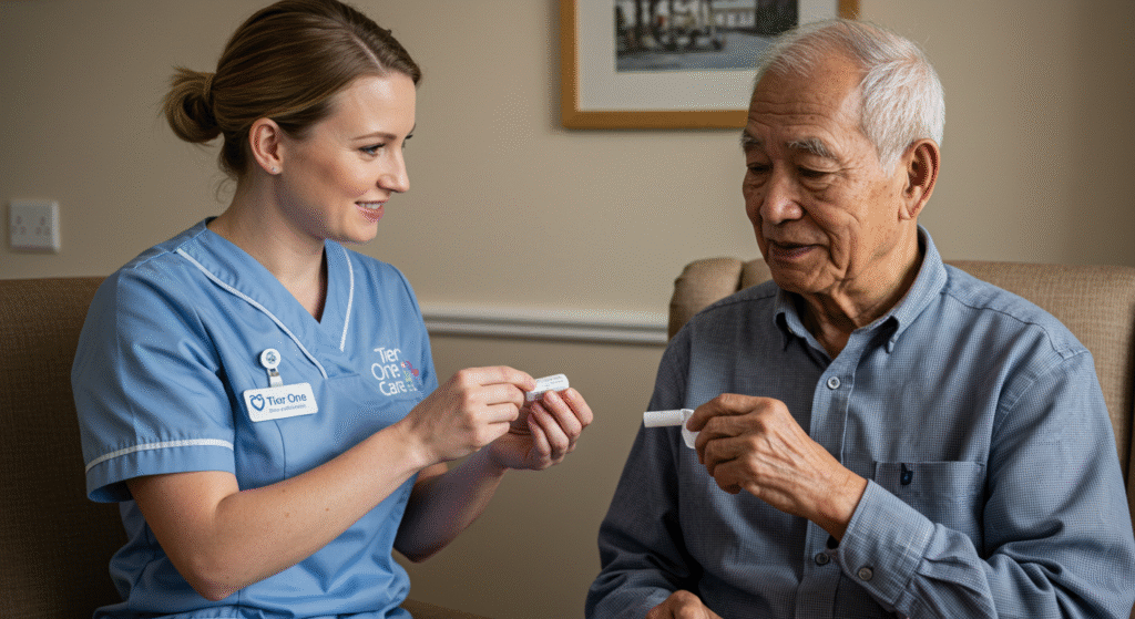 Tier One Care professional helping elderly client with medication management, ensuring proper healthcare monitoring at home