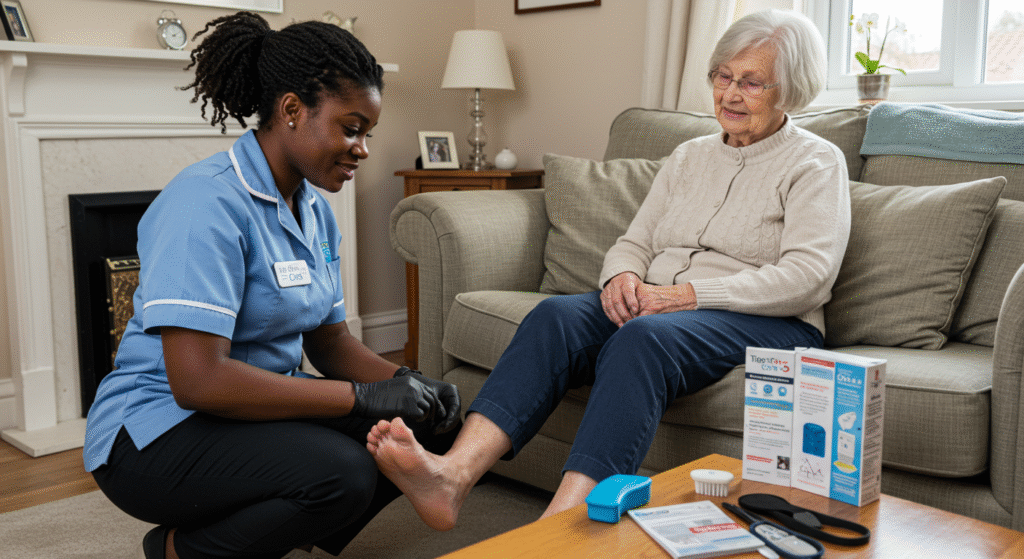 Home care nurse providing foot care to an elderly woman in a living room, with diabetes care products on the table.