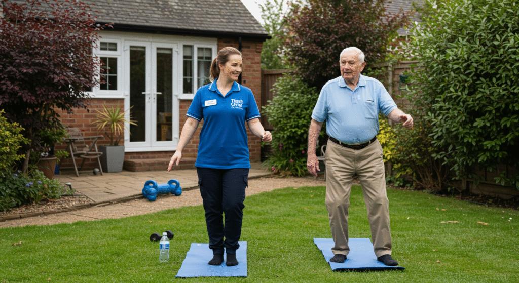 Caregiver guiding an elderly man through balance exercises on mats in a garden, supporting physical activity for diabetes management.