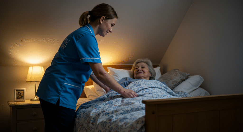 Tier One Care caregiver helping an elderly woman get comfortable in bed, providing nighttime assistance and reassurance.