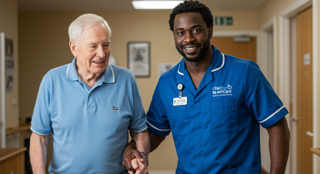 Tier One Care professional assisting elderly client with Parkinson's disease with mobility and walking support in care facility