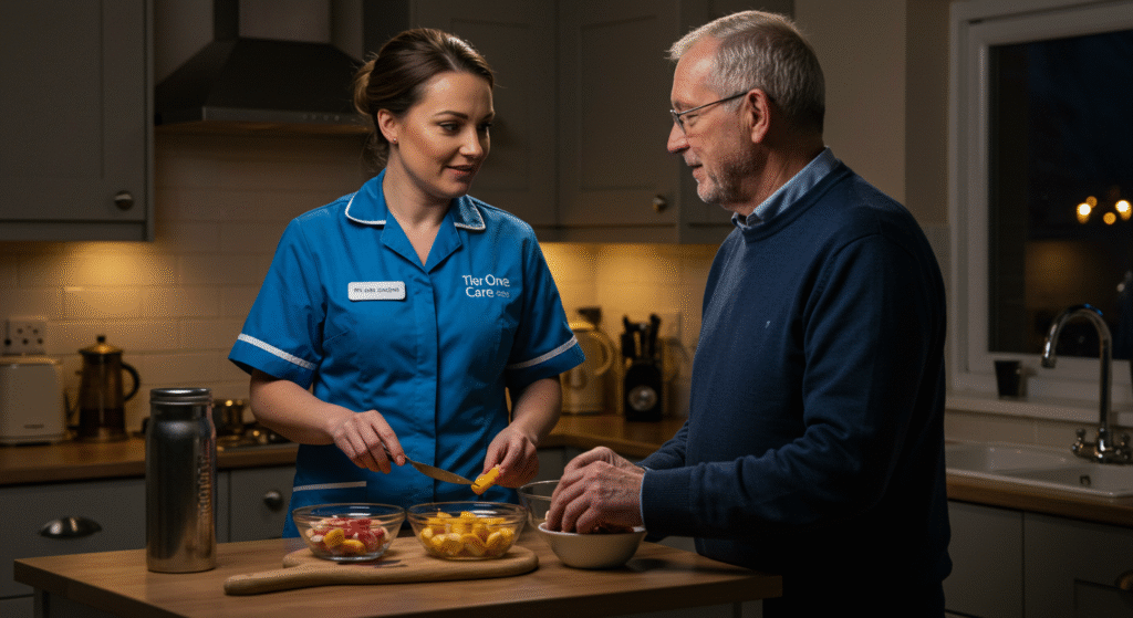 Tier One Care caregiver preparing a fruit bowl with an older man in a home kitchen, supporting healthy evening routines.