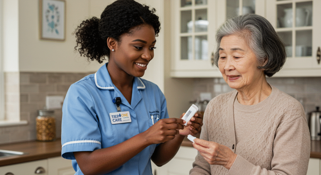 Tier One Care professional caregiver helping elderly client with medication management for Parkinson's disease in home setting