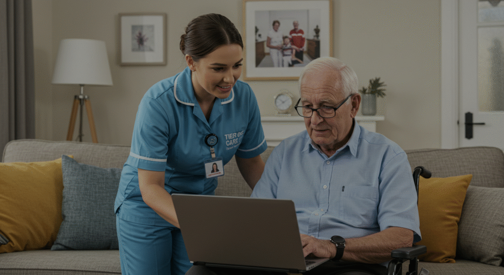 Home carer in blue Tier One Care uniform helping an elderly man in a wheelchair use a laptop in a comfortable living room, demonstrating support with technology.
