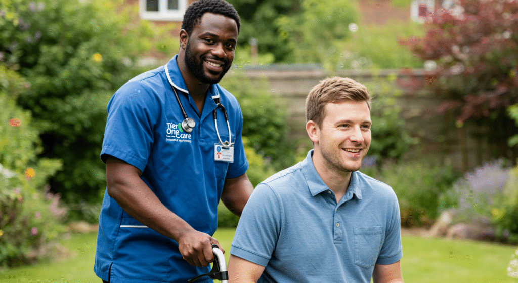 A Tier One Care professional assisting a male stroke recovery patient during an outdoor therapy session, showcasing mobility support and rehabilitation in a natural garden setting