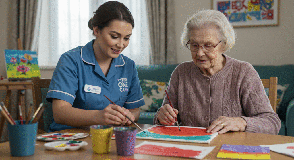 Home carer in blue Tier One Care uniform assisting an elderly woman with painting at a table, promoting companionship and creative engagement.
