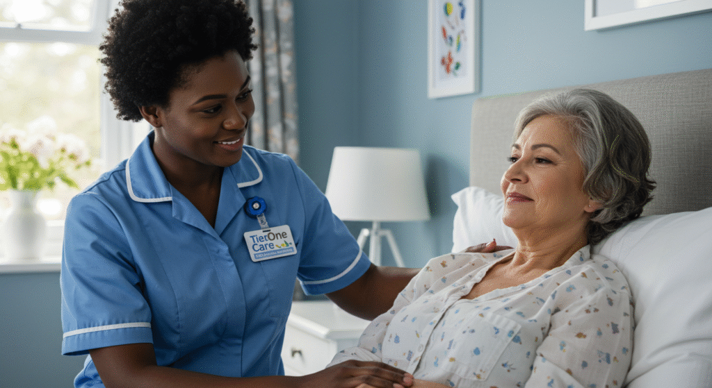 A caring Tier One Care nurse providing compassionate support to an elderly female patient in bed, demonstrating personalized home-based care that maintains dignity and comfort.