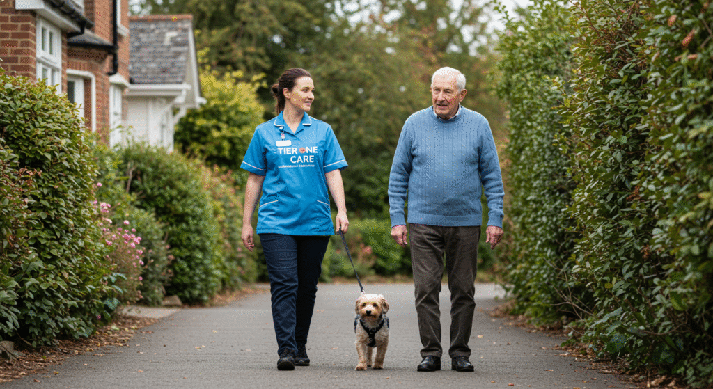 Home carer in Tier One Care uniform walking with an elderly man and his dog along a quiet residential street, highlighting companionship and outdoor activity.