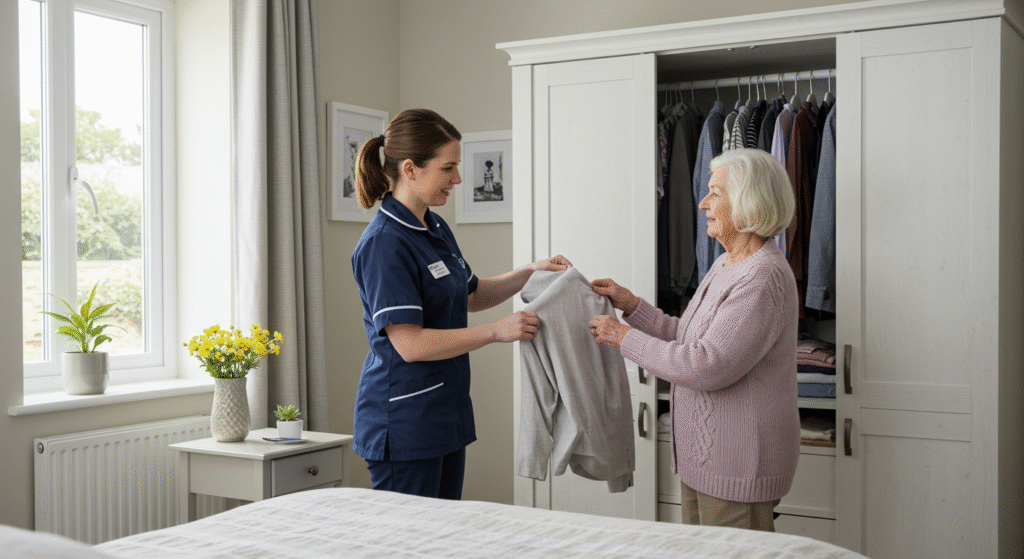 Home carer in Tier One Care uniform assisting an elderly woman with choosing clothes from a wardrobe, emphasizing personal care and daily living support.