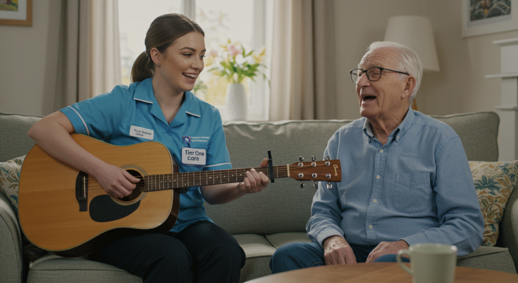 Tier One Care carer in blue uniform playing acoustic guitar while sitting beside a smiling elderly man on a sofa, showcasing meaningful engagement through music therapy.