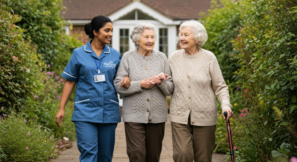 South Asian female carer in a blue uniform with “Tier One Care” clearly written, walking arm-in-arm with two elderly women along a garden path, all smiling and enjoying companionship and mobility support at home.