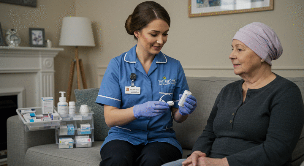 Tier One Care nurse explaining medication instructions to cancer patient wearing lavender headscarf in comfortable home setting, demonstrating personalized cancer care services with medication organizer tray visible on sofa