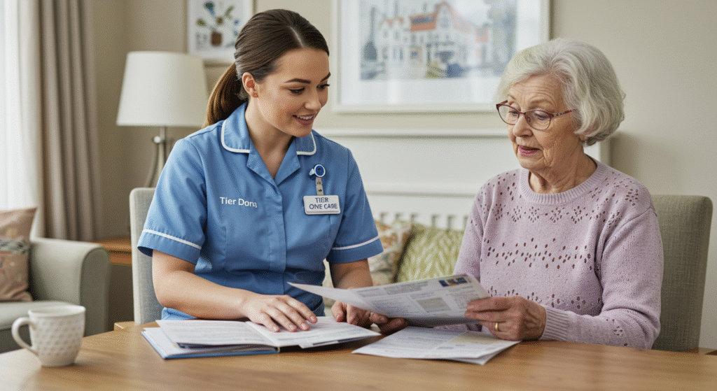 Tier One Care professional in blue uniform assisting an elderly woman with reviewing documents at a table, providing support with important paperwork and administrative tasks.