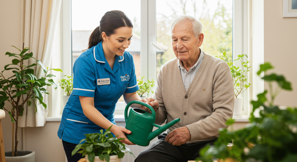 Tier One Care professional in blue uniform helping an elderly man with watering plants by a bright window, demonstrating companionship and support with daily activities.