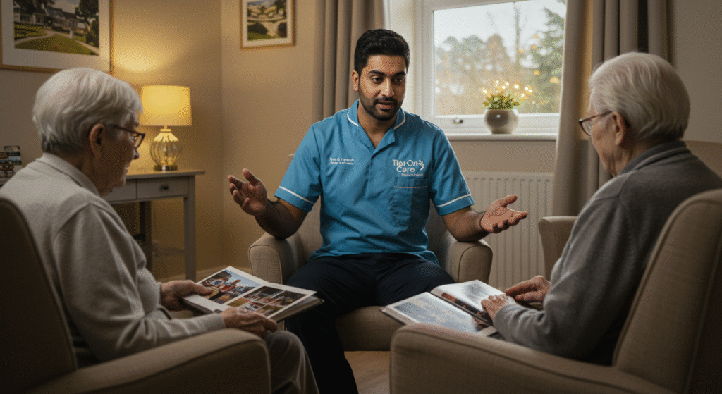 Carer and elderly woman sharing conversation in living room