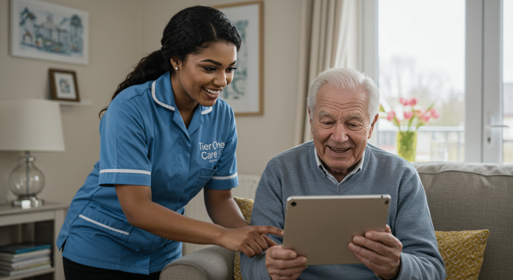 Carer helping elderly man use a tablet at home