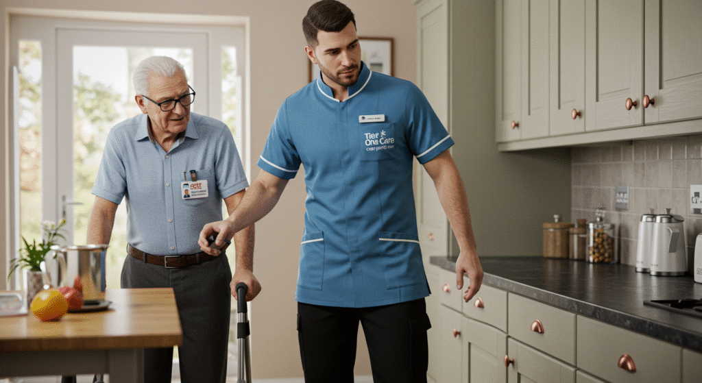 Tier One Care professional assisting an elderly client with mobility support in a home kitchen environment