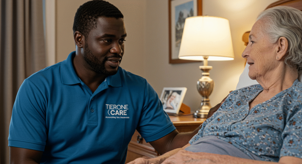 Tier One Care caregiver providing companionship and attentive care to an elderly woman during an in-home care visit.