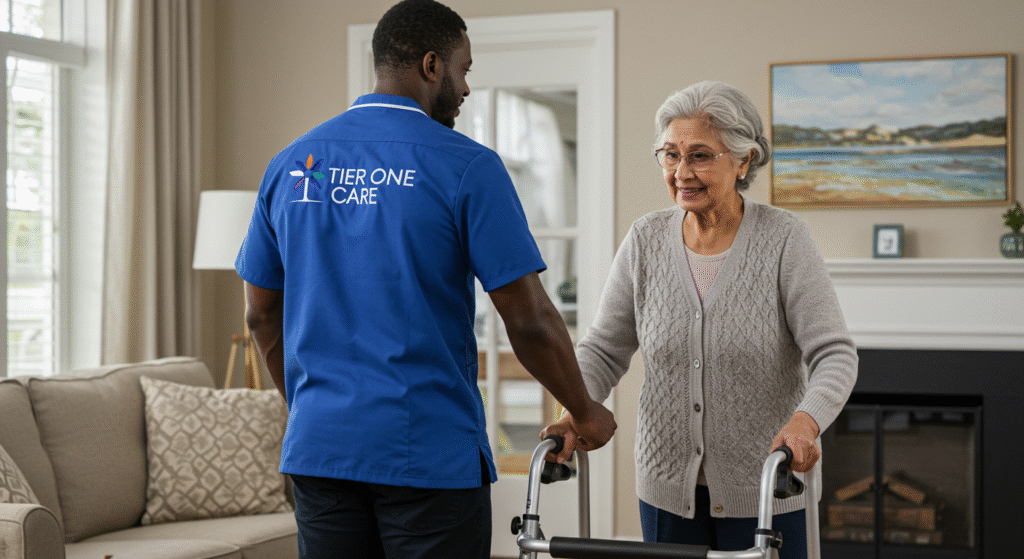 Tier One Care professional in blue uniform assisting elderly woman with mobility using a walker in a comfortable living room, providing supportive in-home care.