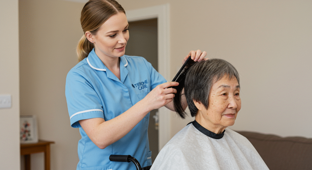 Tier One Care caregiver in light blue uniform providing personal grooming services, gently combing an elderly woman's hair during an in-home care session