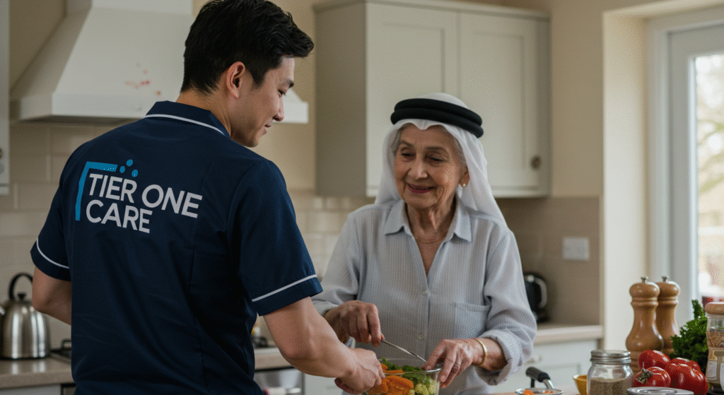 Tier One Care professional caregiver in navy uniform assisting elderly woman with meal preparation in a bright modern kitchen, chopping vegetables together.