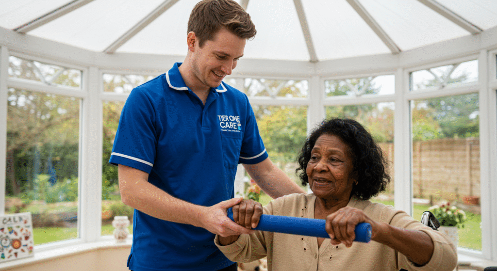 Tier One Care professional guiding elderly client through rehabilitation exercises in a bright conservatory, supporting mobility and independence at home.