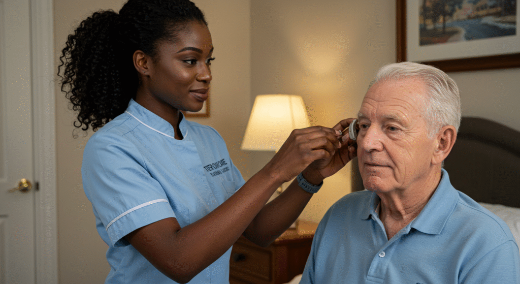 Tier One Care professional in light blue uniform helping elderly client with hearing aid adjustment, providing specialized personal care in a comfortable home environment.