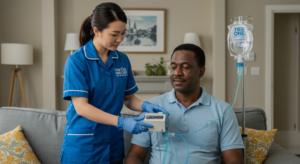 Tier One Care nurse in professional blue uniform monitoring medical equipment for client receiving IV therapy at home, showcasing specialized complex care services.